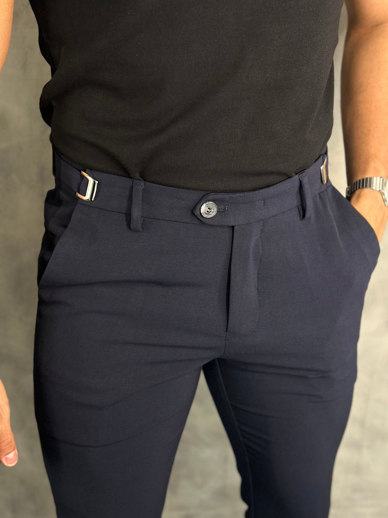 PANTALÓN DE SASTRERÍA ATENAS CON AJUSTE DE HEBILLA PUNTO H MARINO