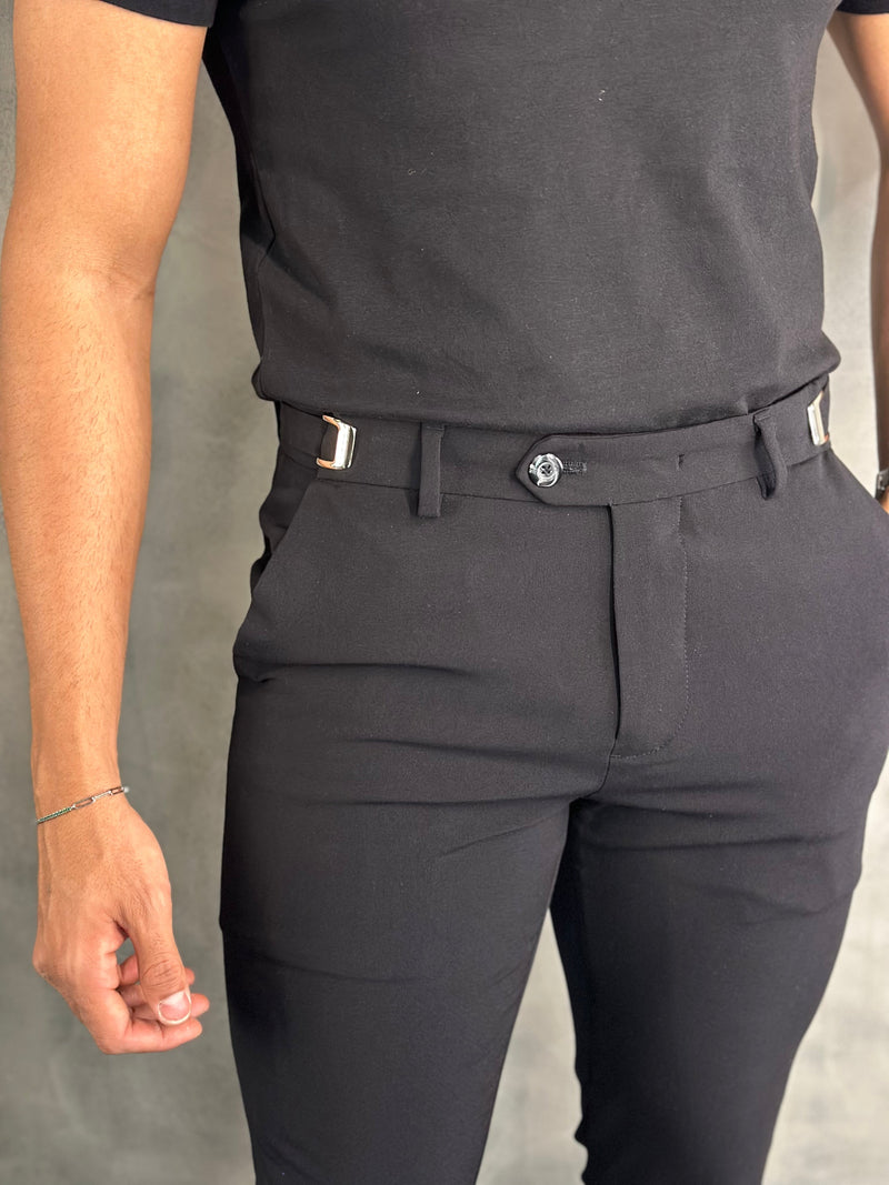 PANTALÓN DE SASTRERÍA ATENAS CON AJUSTE DE HEBILLA PUNTO H NEGRO