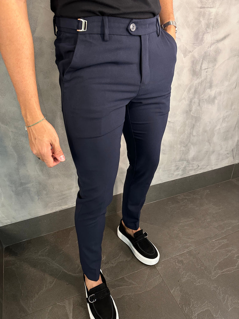 PANTALÓN DE SASTRERÍA ATENAS CON AJUSTE DE HEBILLA PUNTO H MARINO