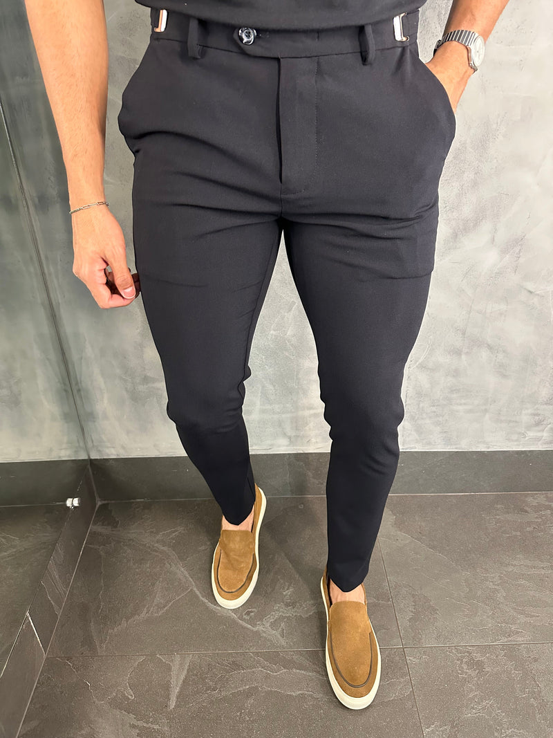 PANTALÓN DE SASTRERÍA ATENAS CON AJUSTE DE HEBILLA PUNTO H NEGRO