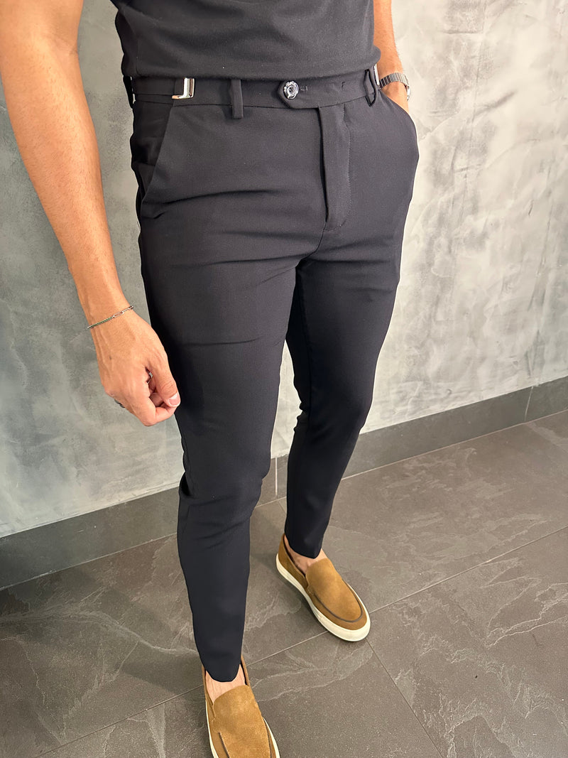 PANTALÓN DE SASTRERÍA ATENAS CON AJUSTE DE HEBILLA PUNTO H NEGRO