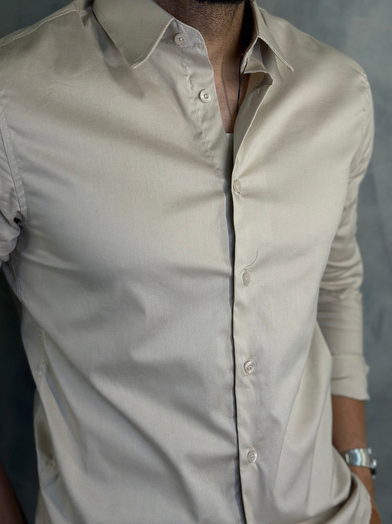 CAMISA MANGA LARGA LISA ELASTANO KINGEJOE BEIGE