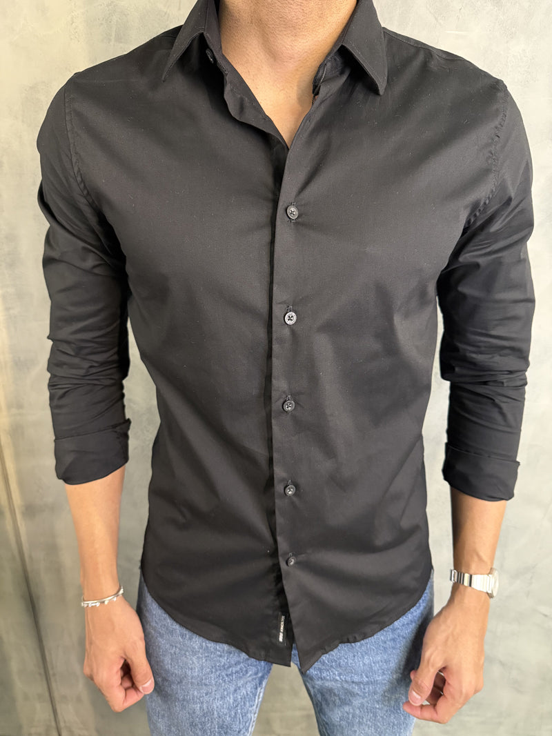 CAMISA MANGA LARGA LISA ELASTANO KINGEJOE NEGRO