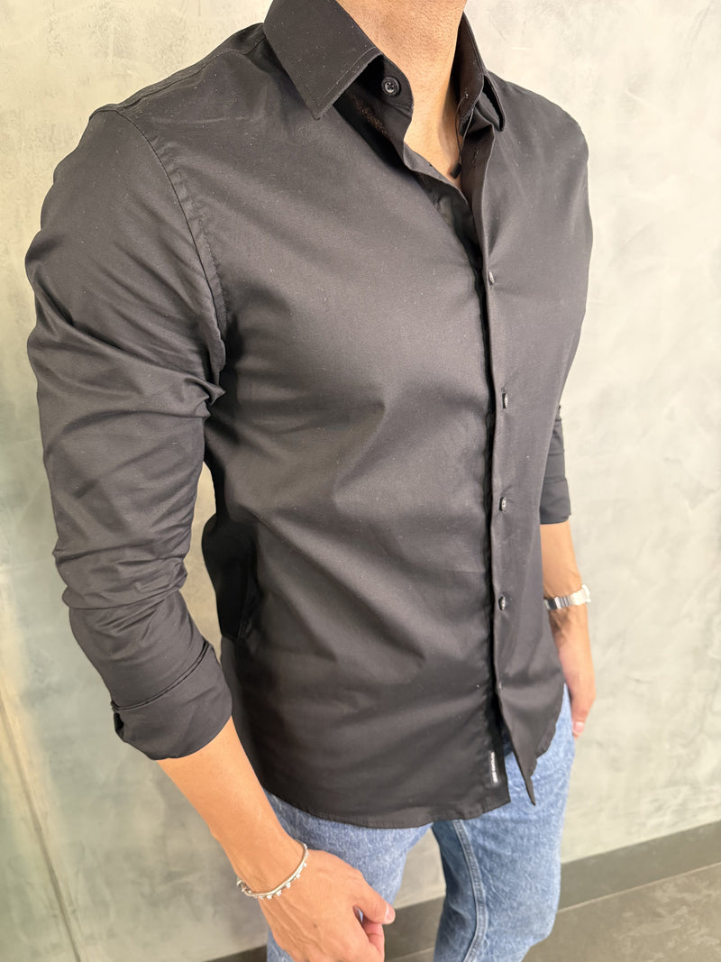 CAMISA MANGA LARGA LISA ELASTANO KINGEJOE NEGRO