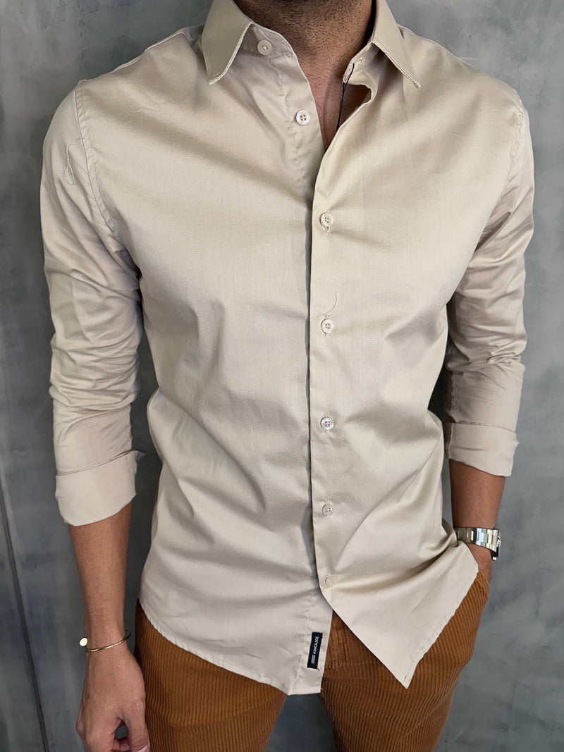 CAMISA MANGA LARGA LISA ELASTANO KINGEJOE BEIGE